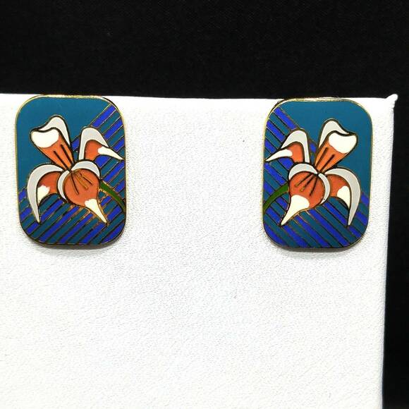 Laurel Burch Gold Plate "Iris" Teal Blue & Orange Enamel Cloisonne, 1980s - Picture 4 of 7